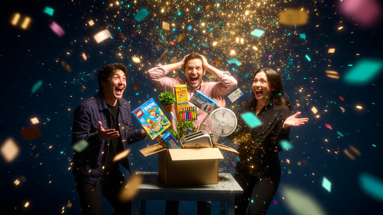 Woman clicking FREE button on laptop, then receiving a box of free samples at her door